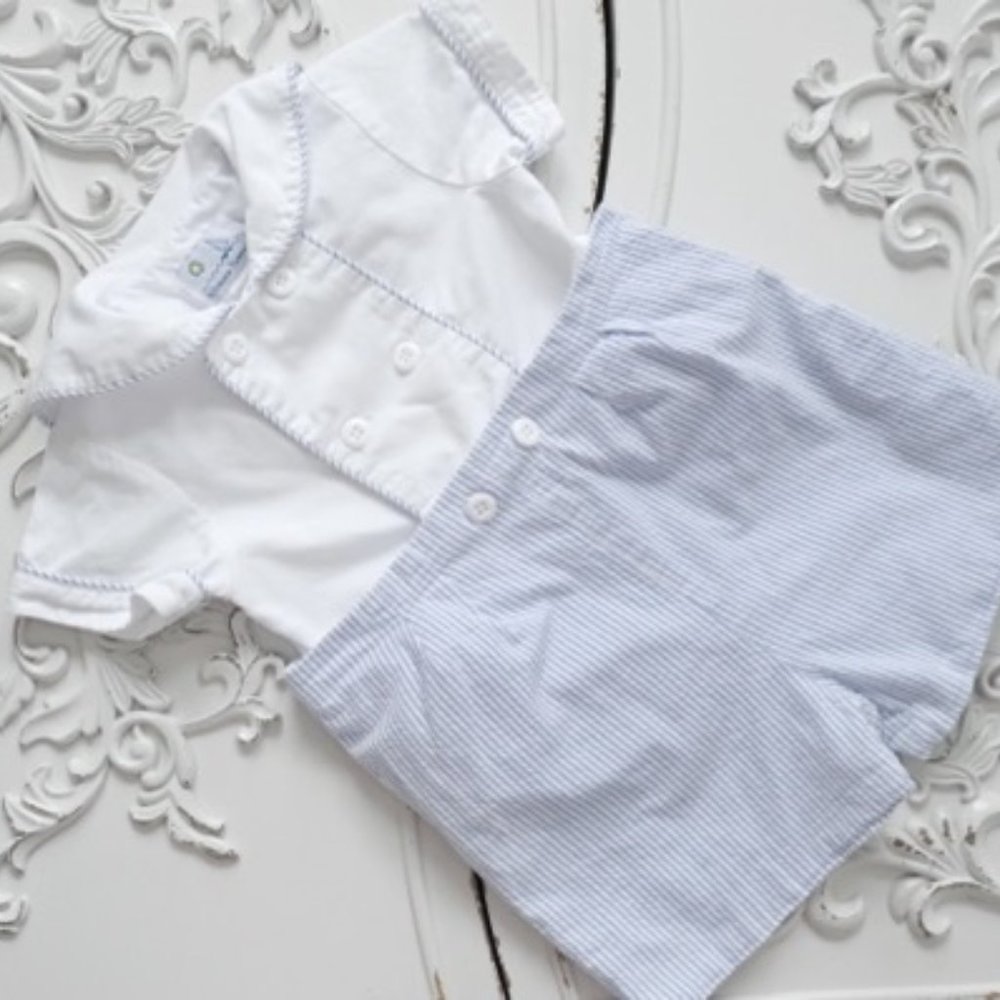 Short-Sleeve Buttoned Ottoman Sailor Suit Seersucker - Easter Outfit